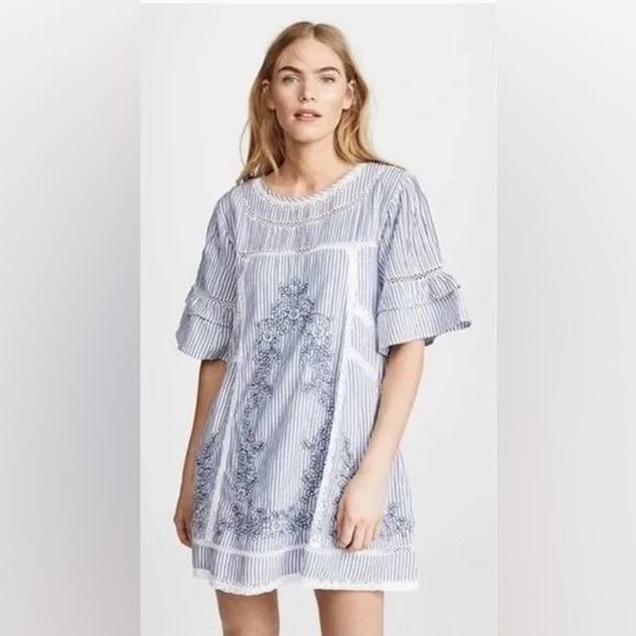 Free People Sunny Day Embroidered Shift Mini Dress Blue White Stripe Medium - Picture 1 of 11